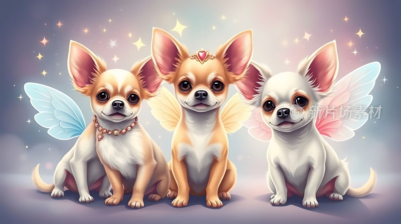 三只天使般的小狗翅膀闪烁背景梦幻
