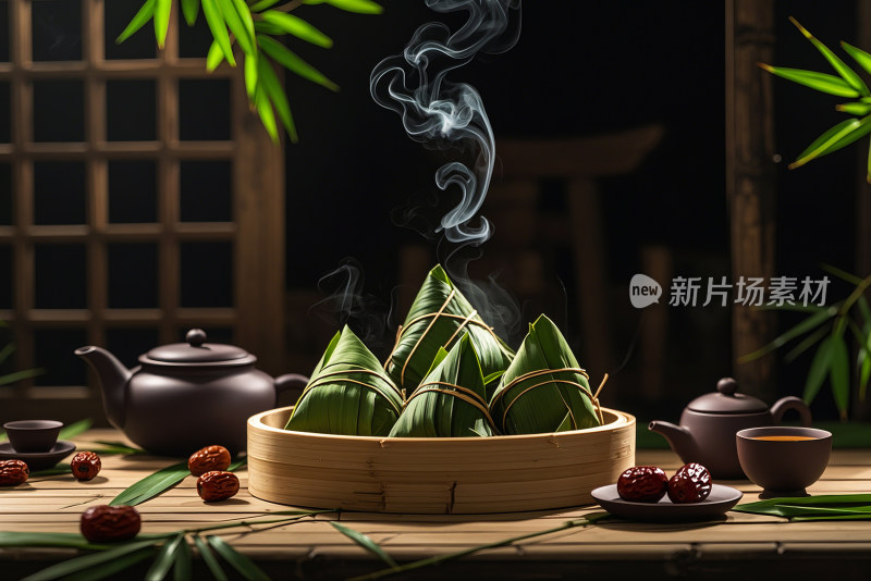 端午节粽子茶壶紫砂壶竹叶创意摄影