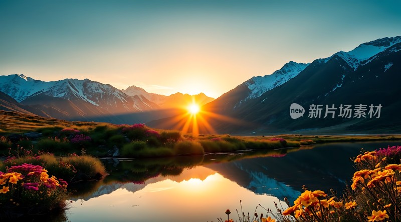 晨曦映照下的雪山花海