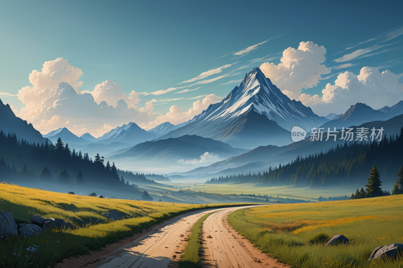 一条通往山脉的土路高清风景插画图片