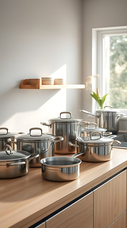 阳光下的厨房不锈钢锅具展示