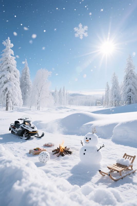 雪景雪人雪橇篝火