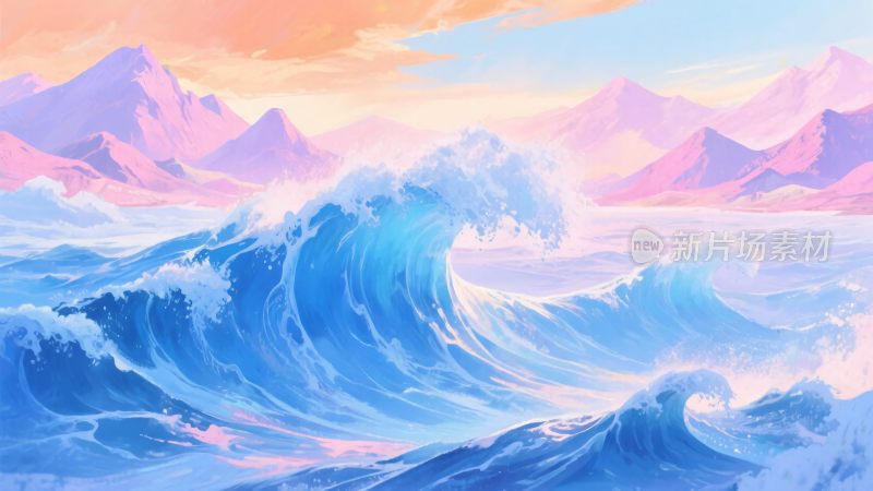 梦幻海浪与远山插画