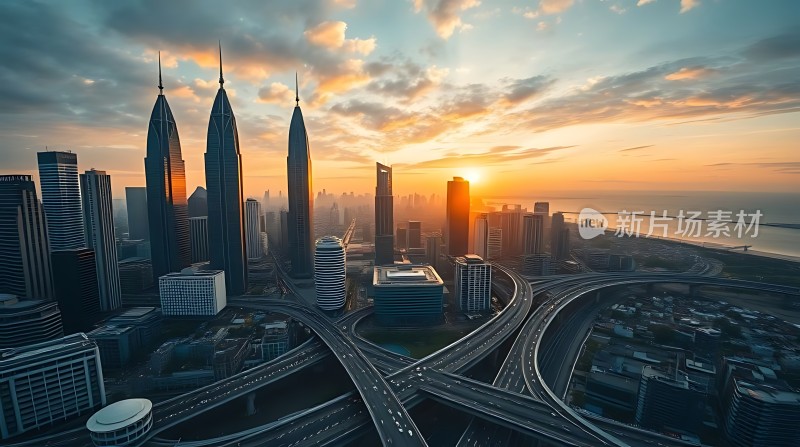 城市日出摩天大楼与高架桥交织