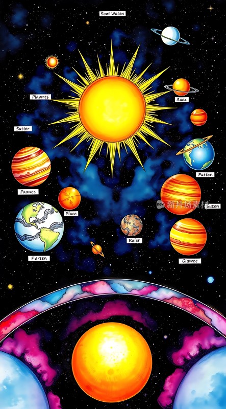 太阳系行星与恒星的艺术图示