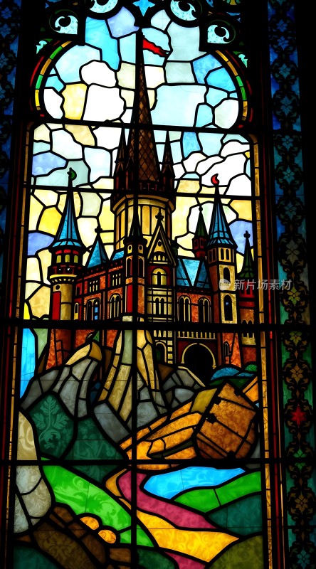 彩色玻璃窗上的城堡风景画