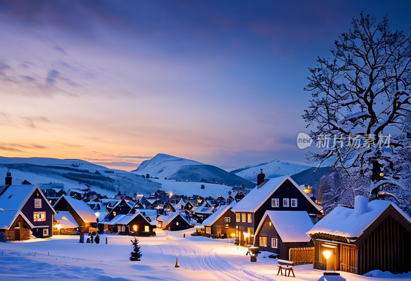 房屋夜晚冬天冰雪自然风景