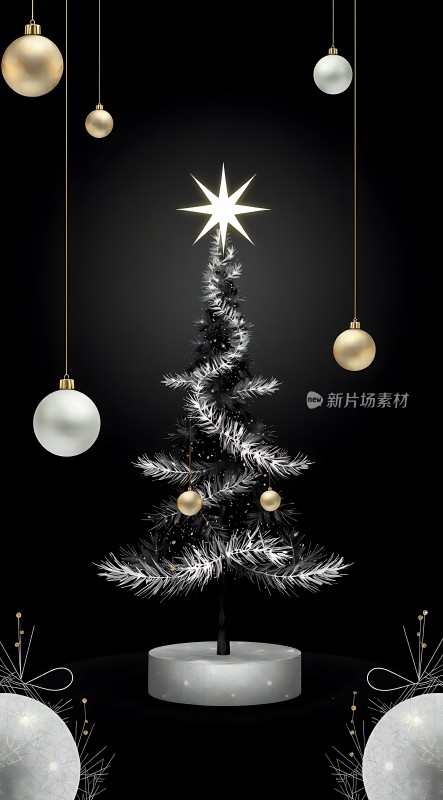 黑色圣诞树上的金色装饰品