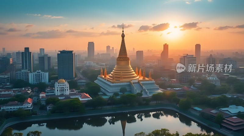 城市日出金色佛塔映湖光