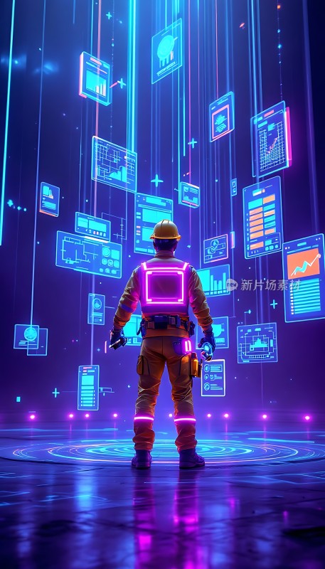 未来科技工人与虚拟数据交互