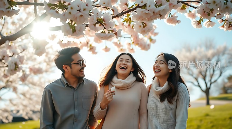 春日樱花下三人共度美好时光