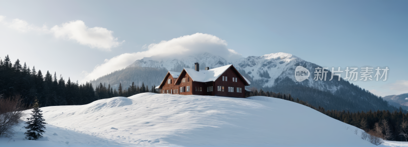 雪山山顶有房子高清风景横幅图片