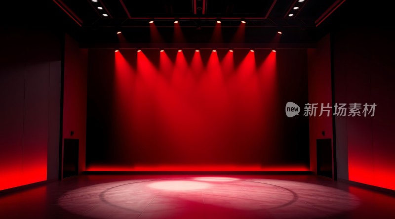 红色舞台灯光下的空旷剧场