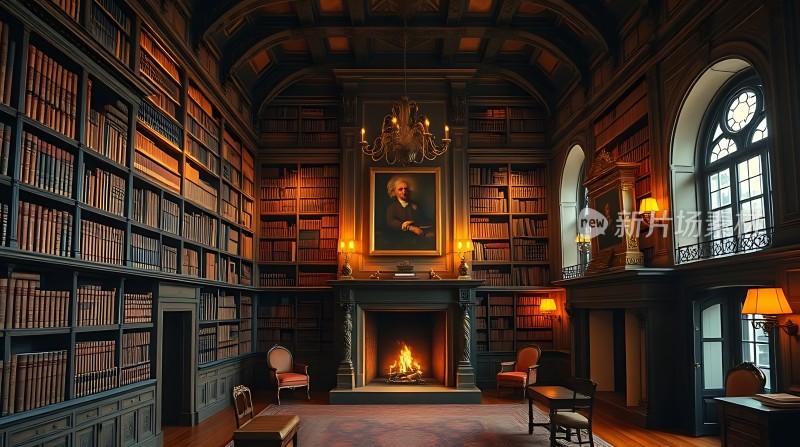 古色古香书房书架、壁炉与画作营造优雅氛围