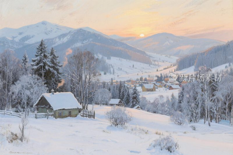 冬日雪景乡村风光