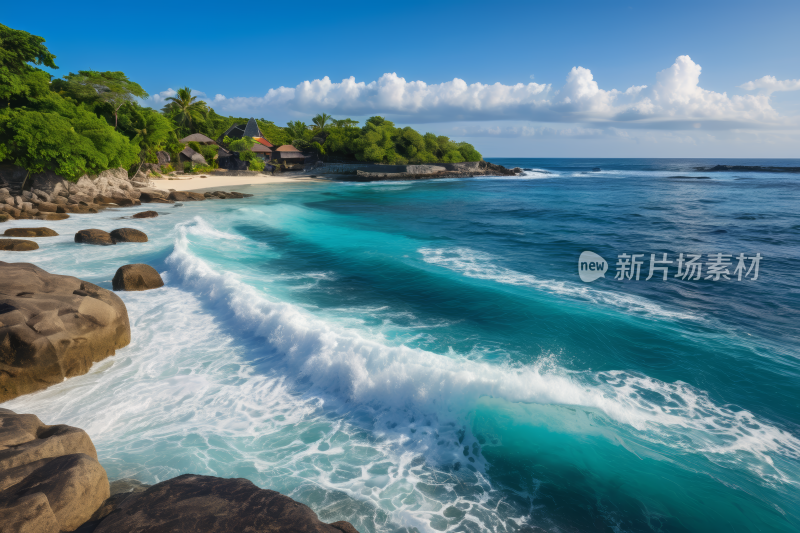 海滩的景色海浪拍打在岩石上高清图片