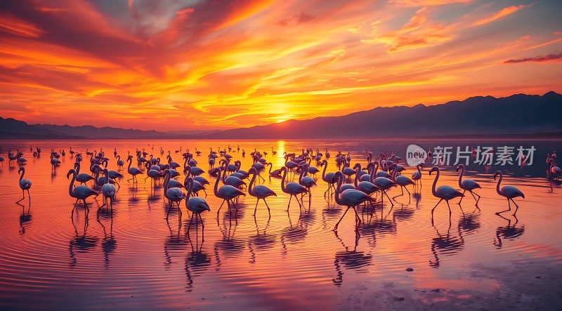 日落下的火红天空与成群火烈鸟