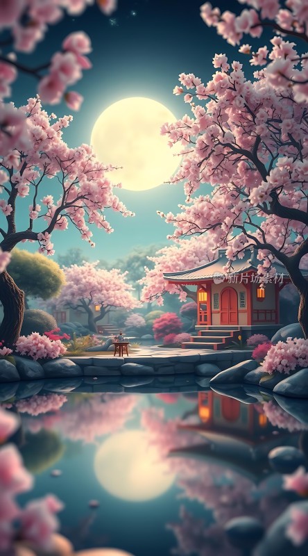 春夜月下樱花湖畔小楼