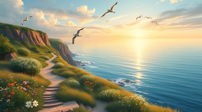 海边的日落与飞翔的海鸥