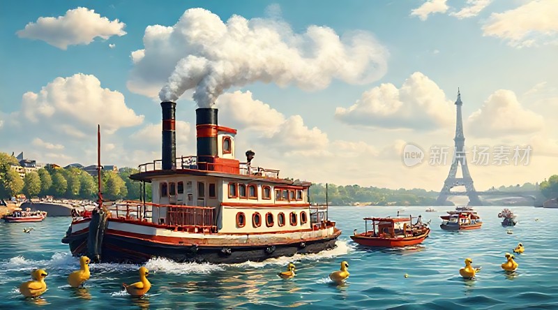 巴黎塞纳河上的蒸汽船与黄色小鸭