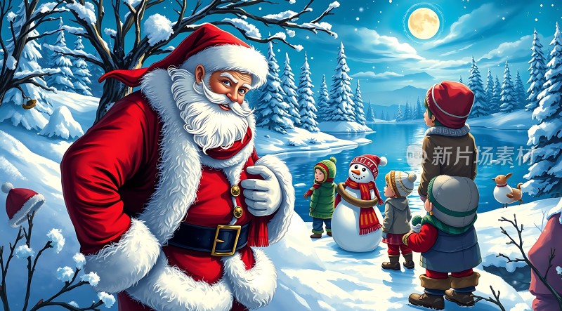 圣诞老人与雪地里的孩子们
