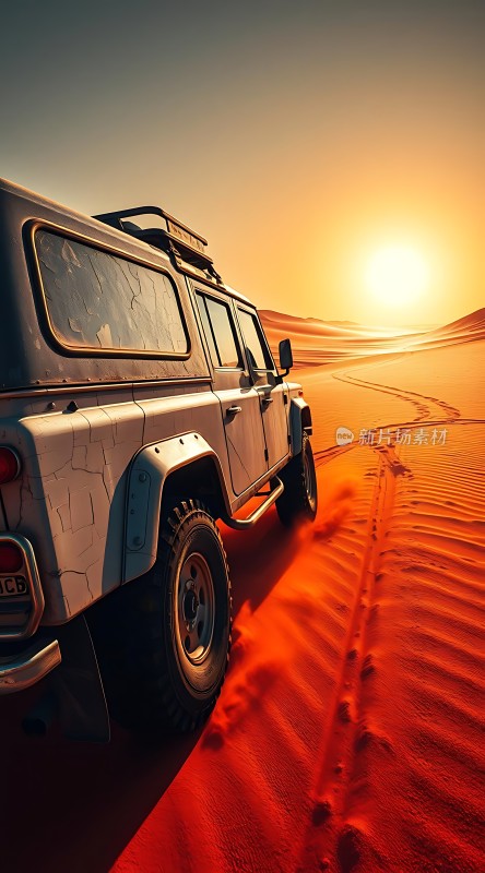沙漠探险之旅越野车驰骋在金色沙丘之间