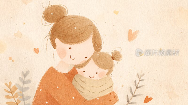 母亲与孩子温馨相拥插画