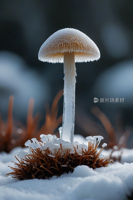 一种小蘑菇坐在雪地上高清风景图片