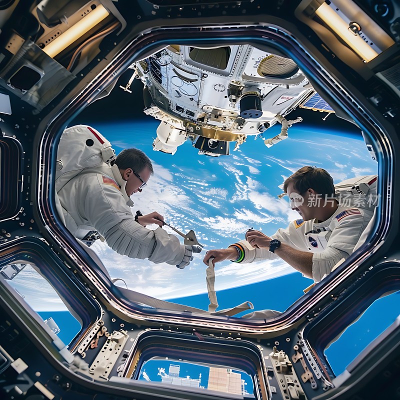 宇航员在太空舱内进行维修工作地球美景尽收眼底