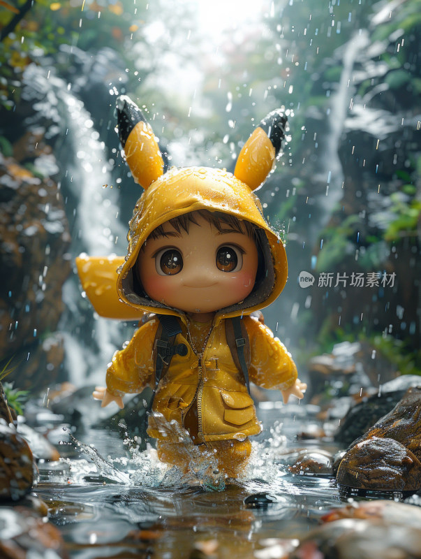 穿雨衣的孩子在雨中3D