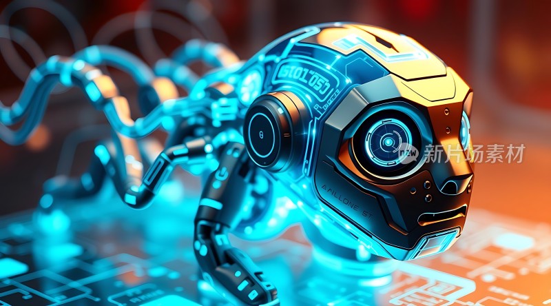 科技感十足的未来机器人蓝色发光眼睛和机械臂设计独特背景为电子电路板