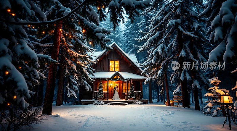 雪夜小木屋下的温馨婚礼
