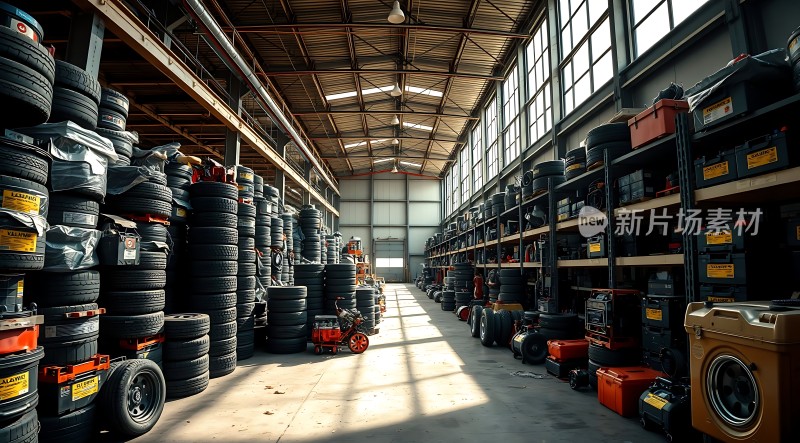 轮胎仓库整齐排列的轮胎和工具