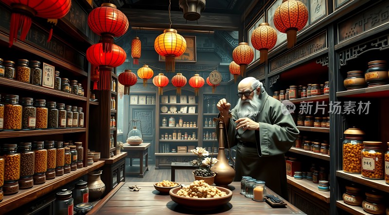 古风药铺里的老中医