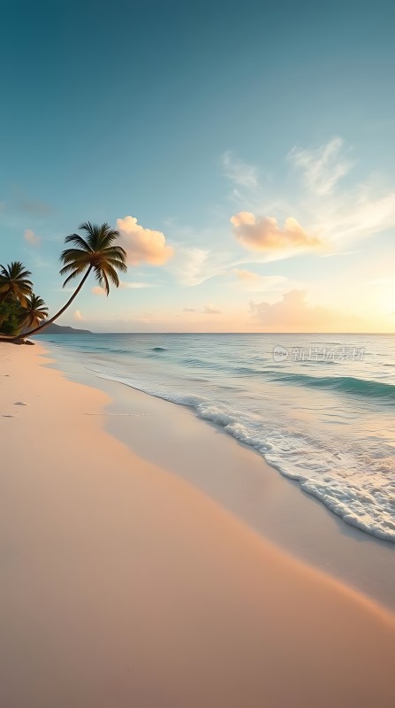 椰林轻摇海浪轻拍沙滩