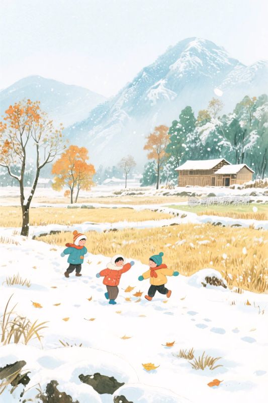 冬季乡村孩童雪景