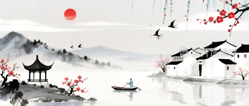 江南水乡水墨画