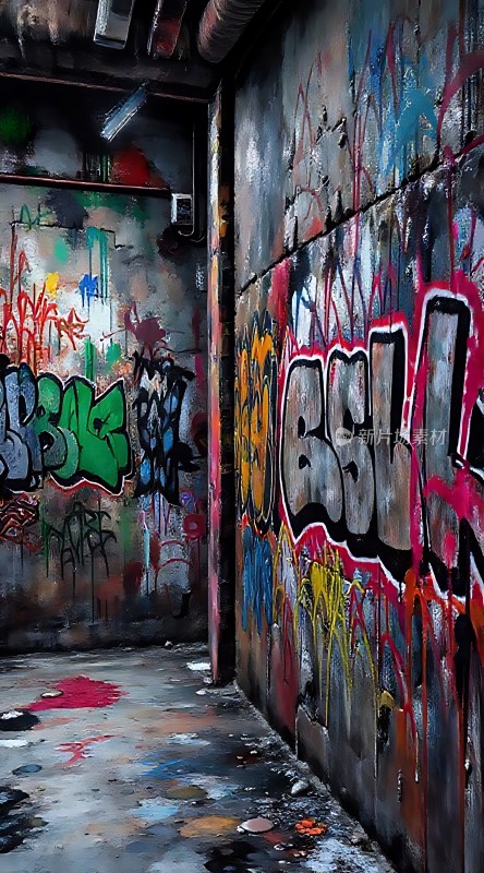 街头艺术走廊色彩斑斓的涂鸦墙