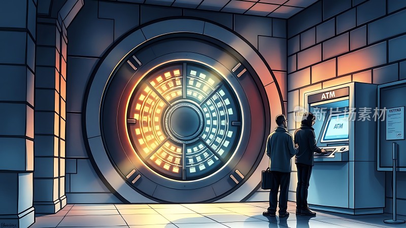 银行安全门前的ATM机旁