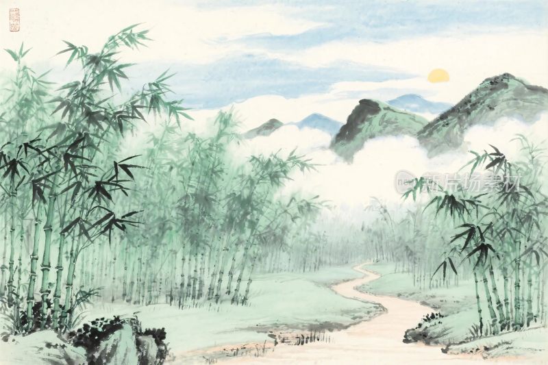 山水竹林水墨画