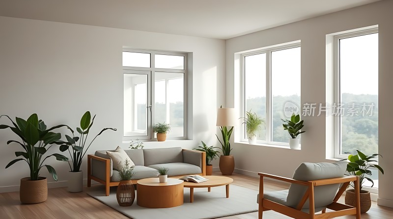 现代简约客厅绿植环绕自然光线充足