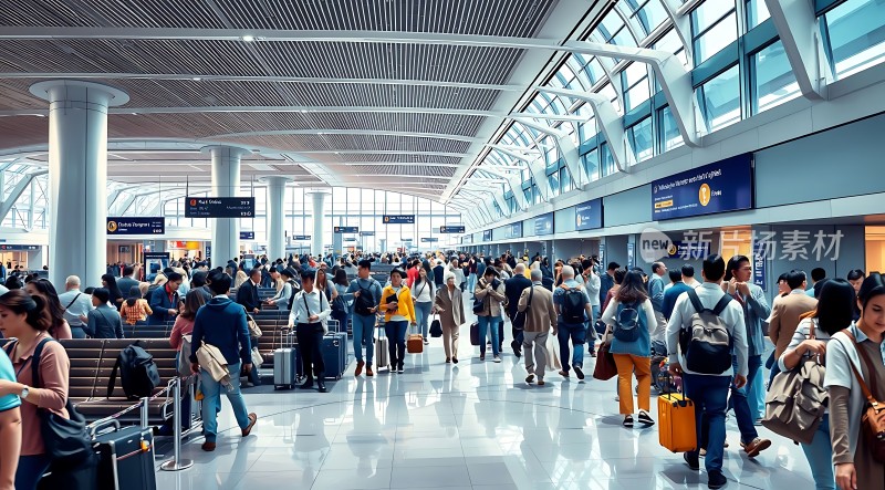 机场候机大厅人潮涌动旅客们携带着行李箱和背包有序地排队等待登机
