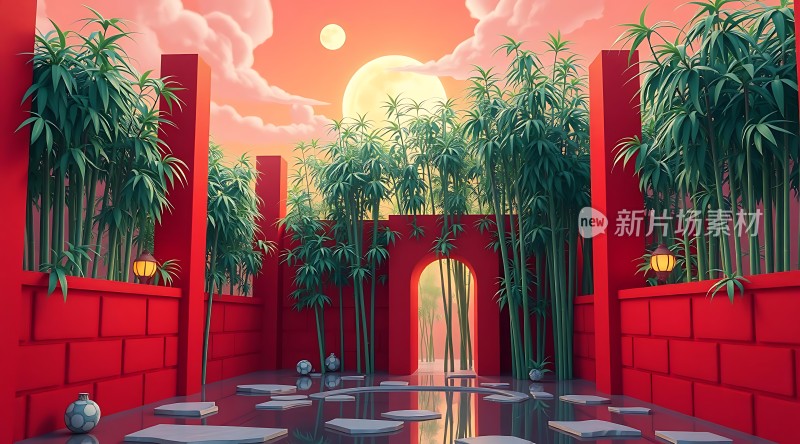 竹影婆娑映红墙