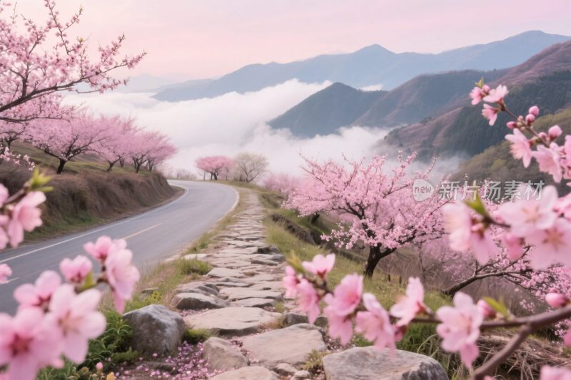 山野桃花春景图