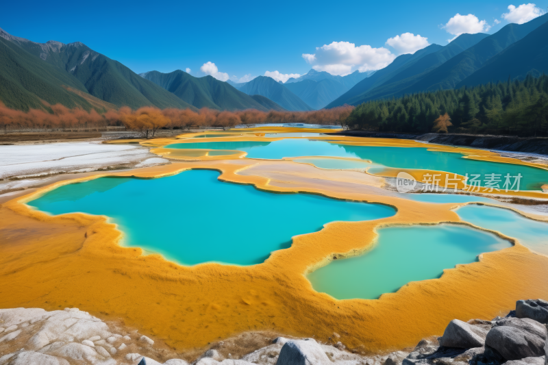 山脉有蓝色的湖和黄色的水高清风景图片