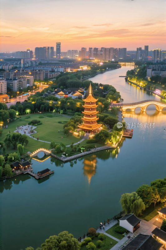 城市河流古塔景观