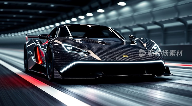 黑色碳纤维跑车在隧道中疾驰
