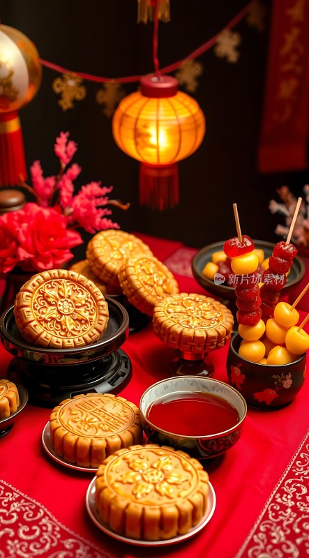 中秋佳节月饼飘香红灯笼映照传统节日氛围