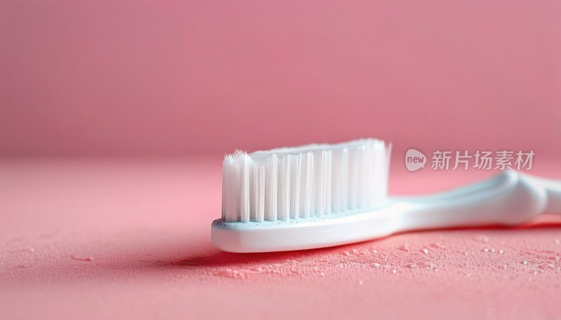 粉白牙膏牙刷特写