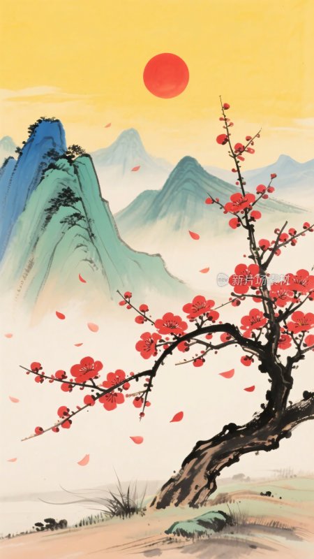 山间红梅映红日景象